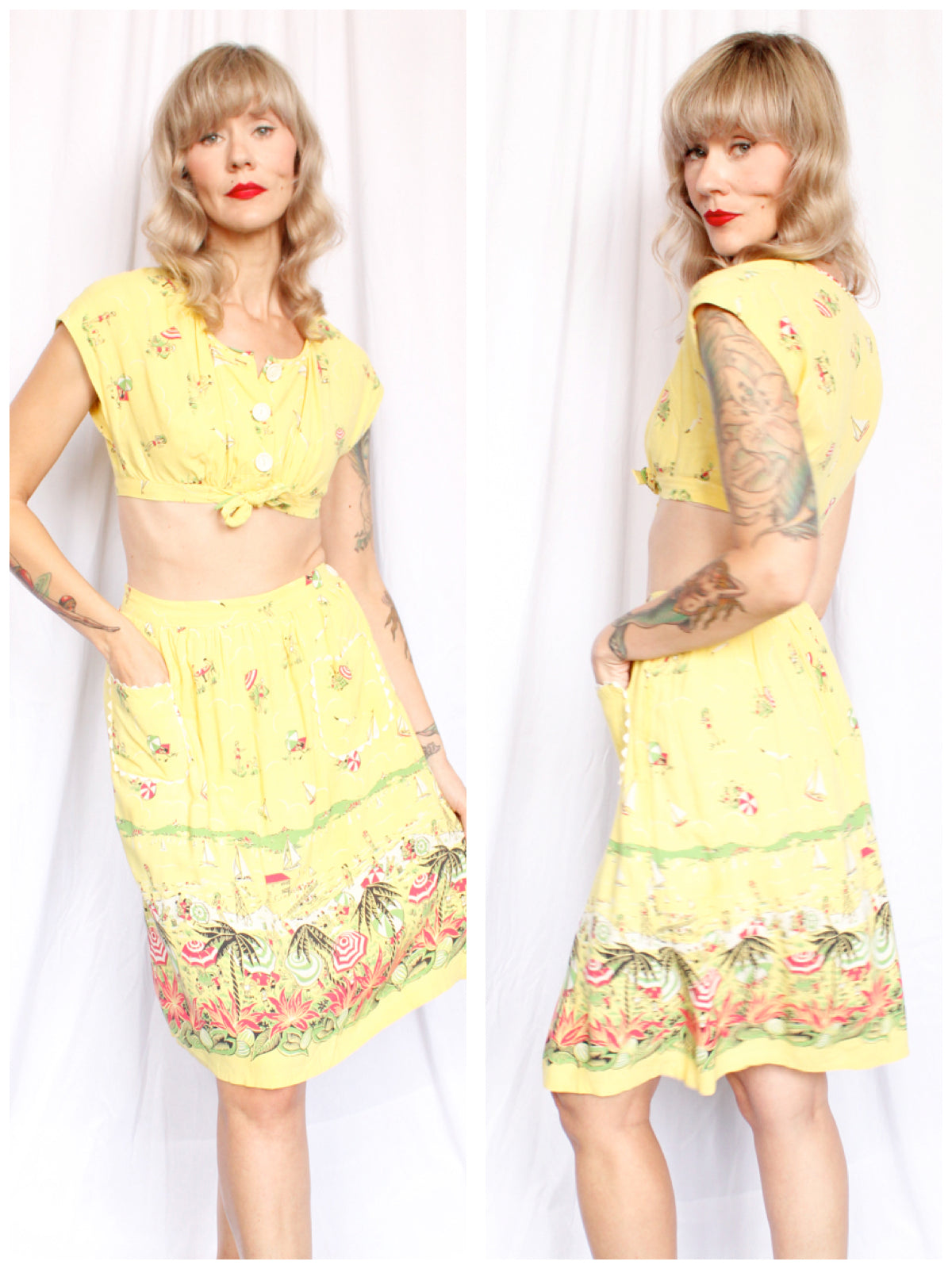 1940s Debby Lou Beach Scene Crop Top & Skirt Set - Xs/Small 