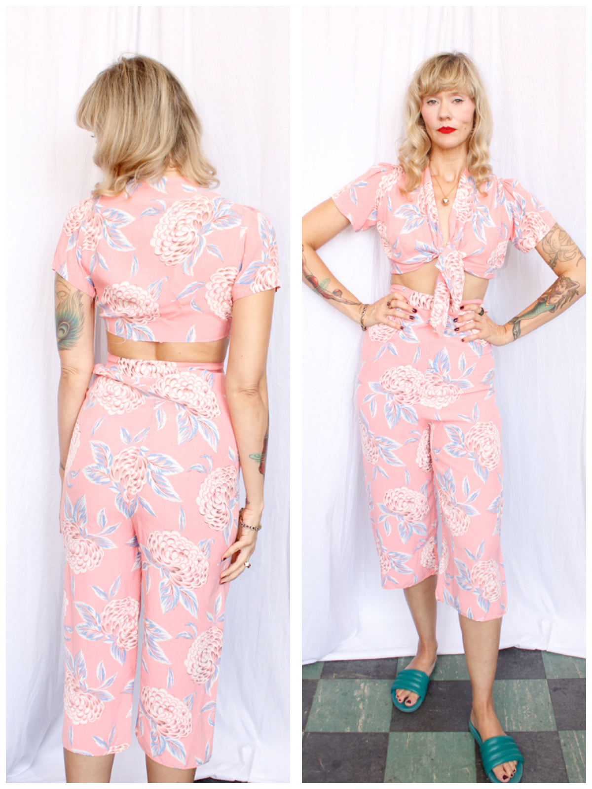 1940s "Nu Fashion" Floral Cold Rayon Lounge Pant Set - Xsmall