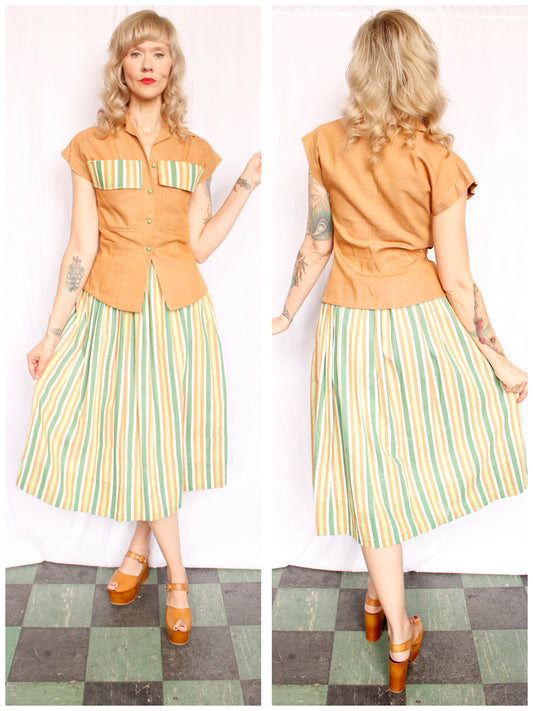 1940s Summer Blouse & Striped Skirt Set - Xsmall