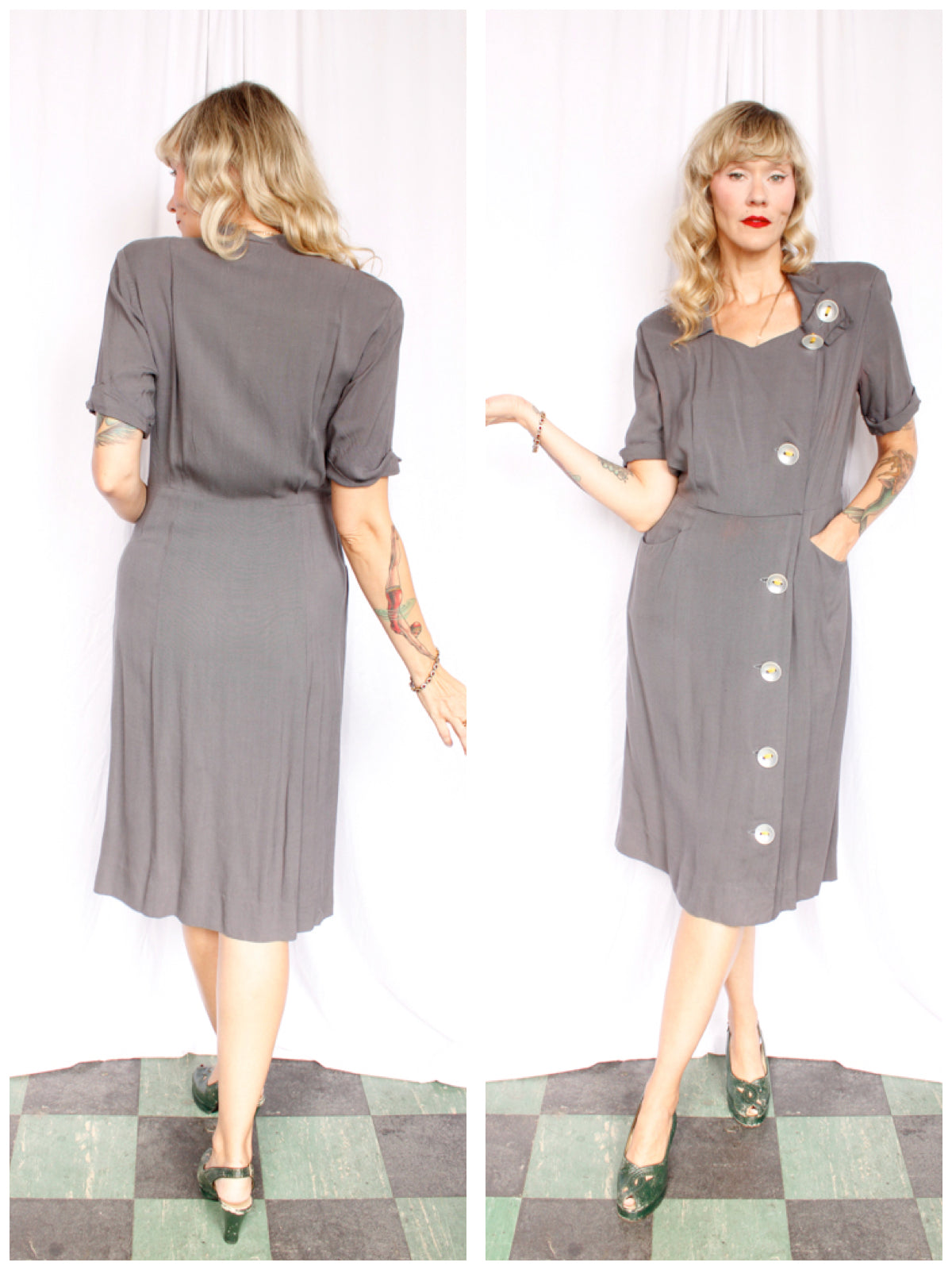 1940s Town & Travel Grey Button Dress - Medium