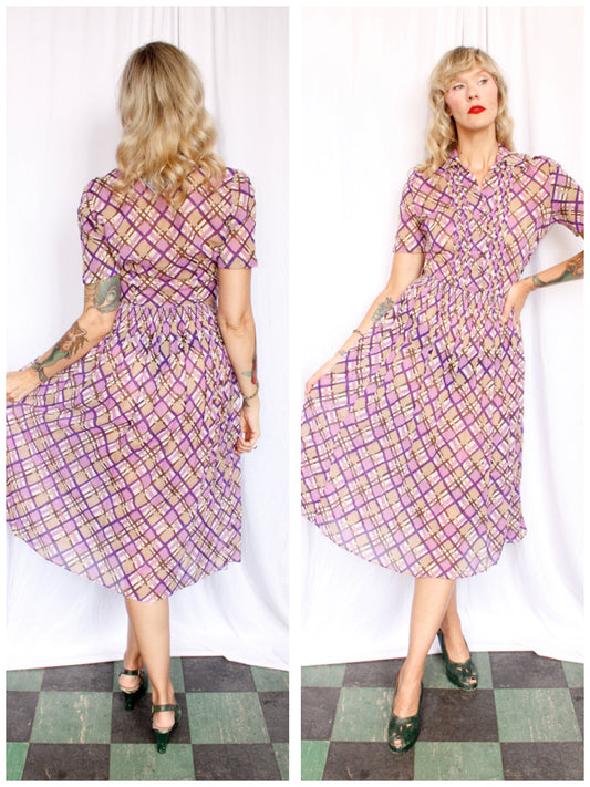 1940s Irene Dare Plaid Cotton dress - Small