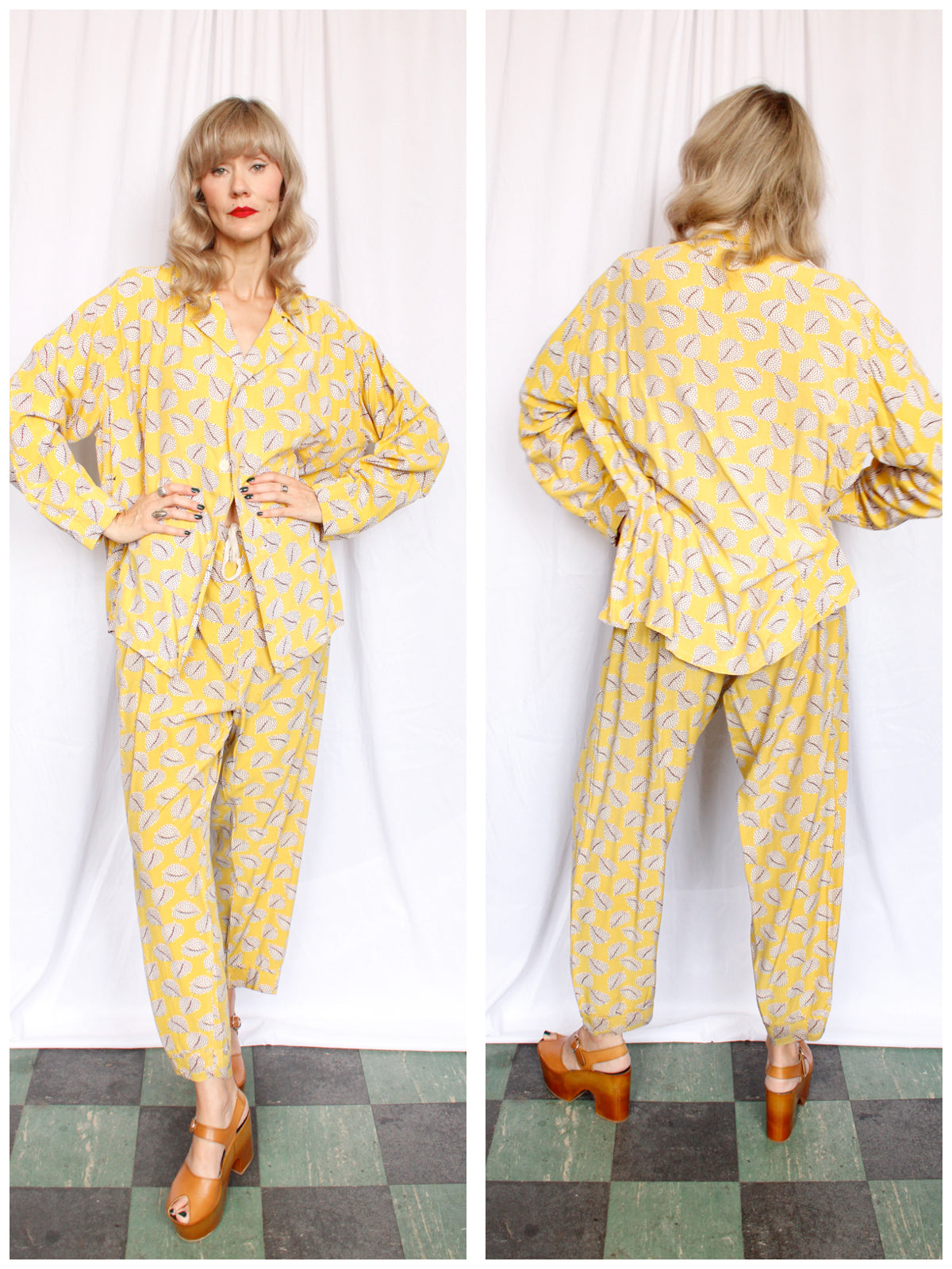 1940s Rayon Welden Leaf Print Shirt & Pant Pajamas - XXL