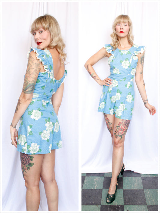 1940s Floral Ruffle Playsuit - Small