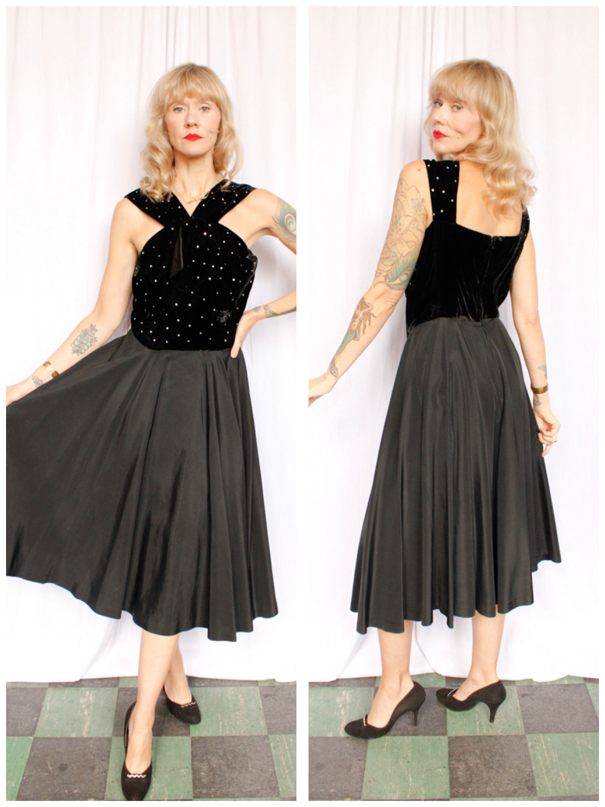 1940s Velvet & Rhinestone Party Dress - Medium