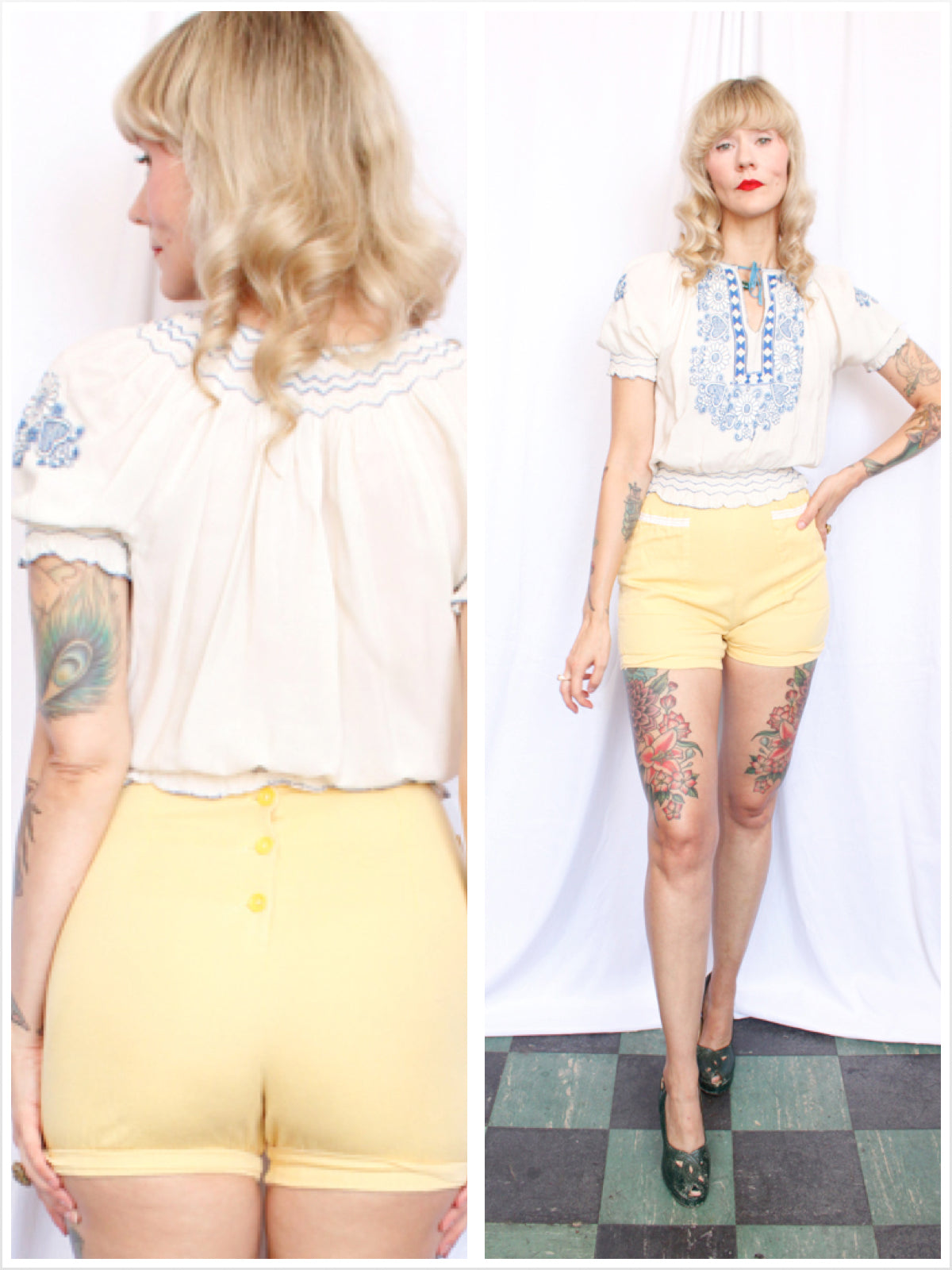 1940s Yellow Cotton Twill Shorts - 25w