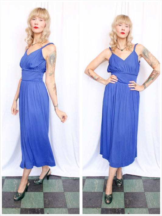 1940s Blue Jersey Kalmour Dress - Small