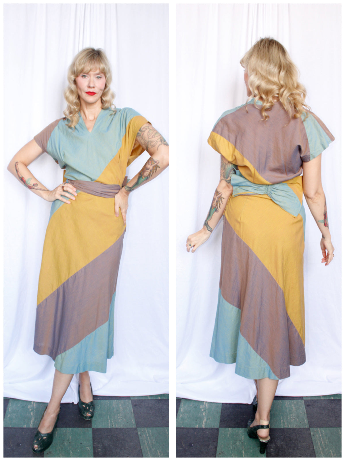 1940s Franklin Color-block Cotton Dress - Medium