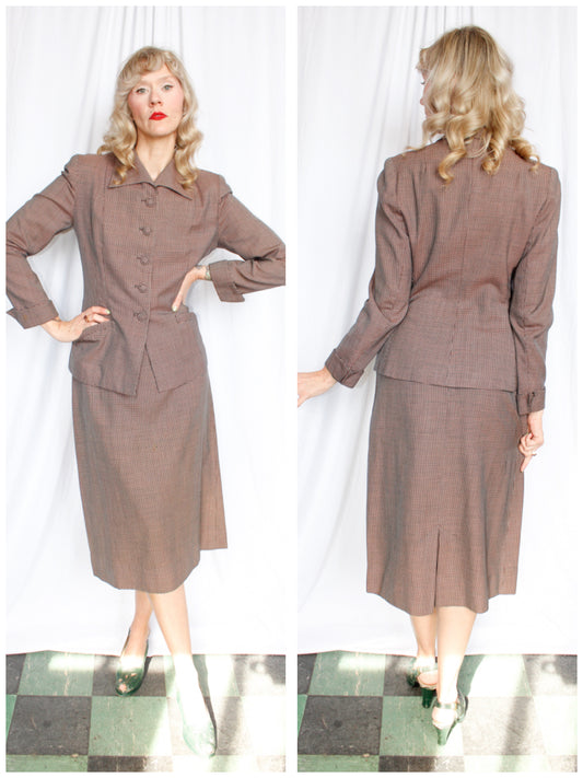 1940s Pink & Navy Houndstooth Gabardine Suit - Medium