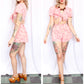 Early 1940s Pink Floral Cotton Playsuit Crop Top & Shorts - Xs