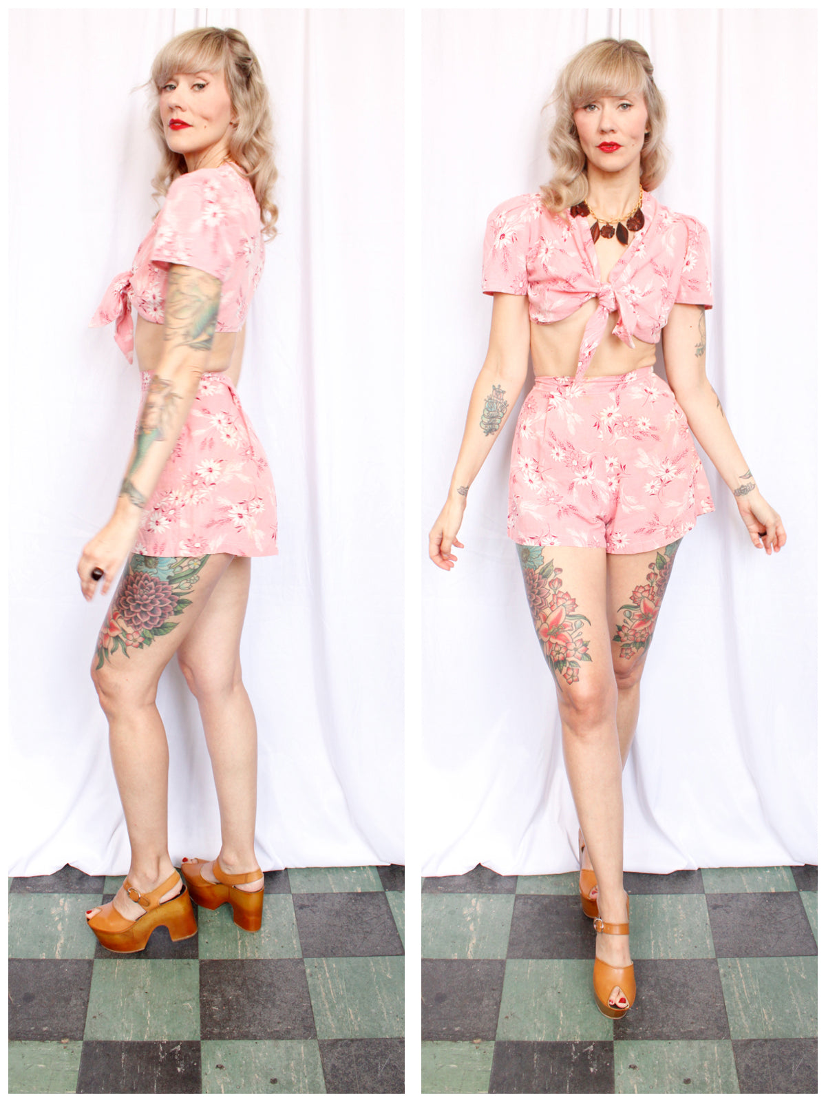 1940s Pink Floral Cotton Playsuit Crop Top & Shorts - Xs