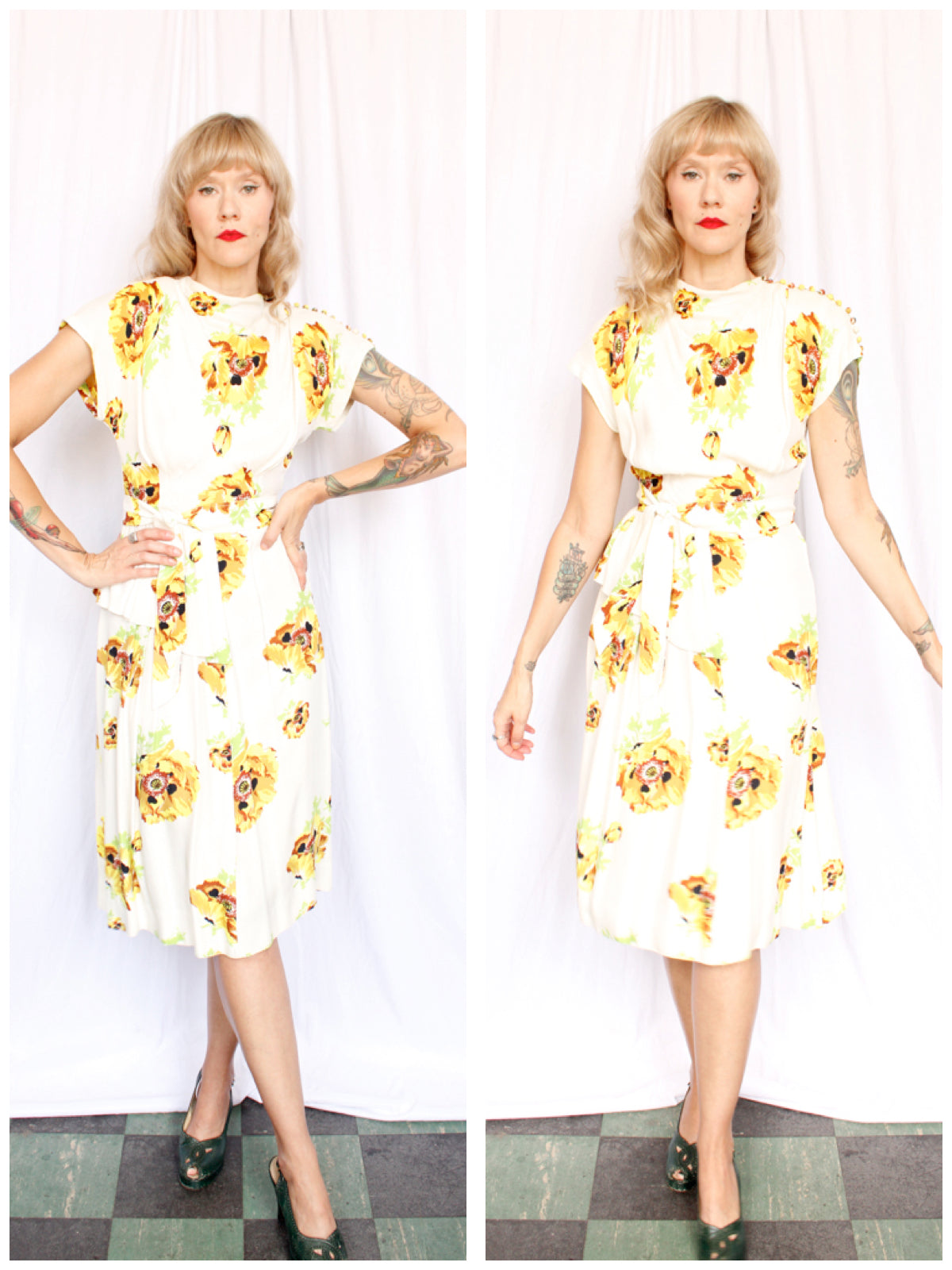 1940s Yellow Floral Rayon Gene Dress - Xsmall