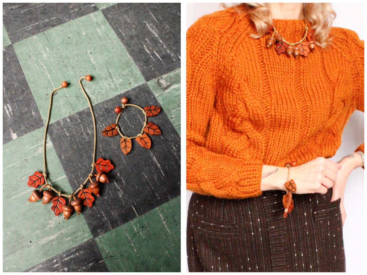 1940s Wooden Leaves & Acorn Cord Necklace & Bracelet Set