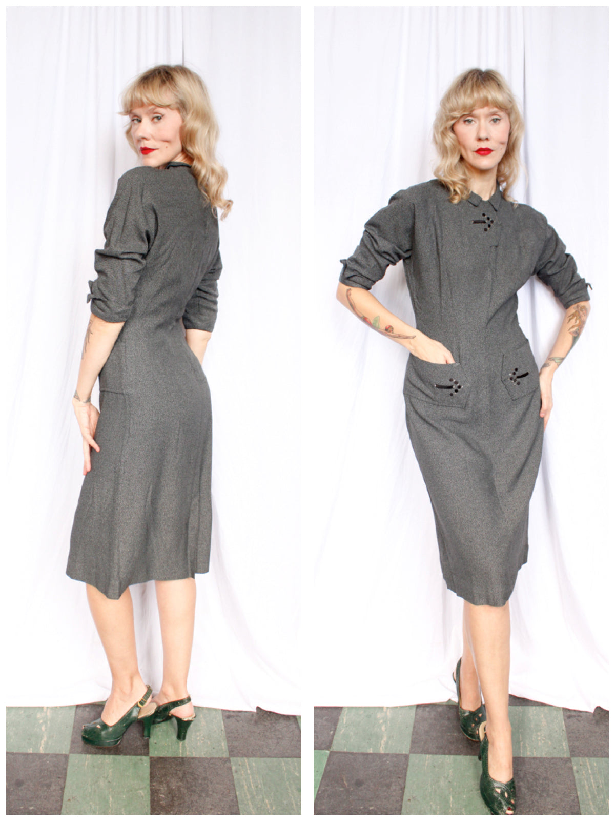 1950s This Way Gabardine Charcoal Dress - Medium