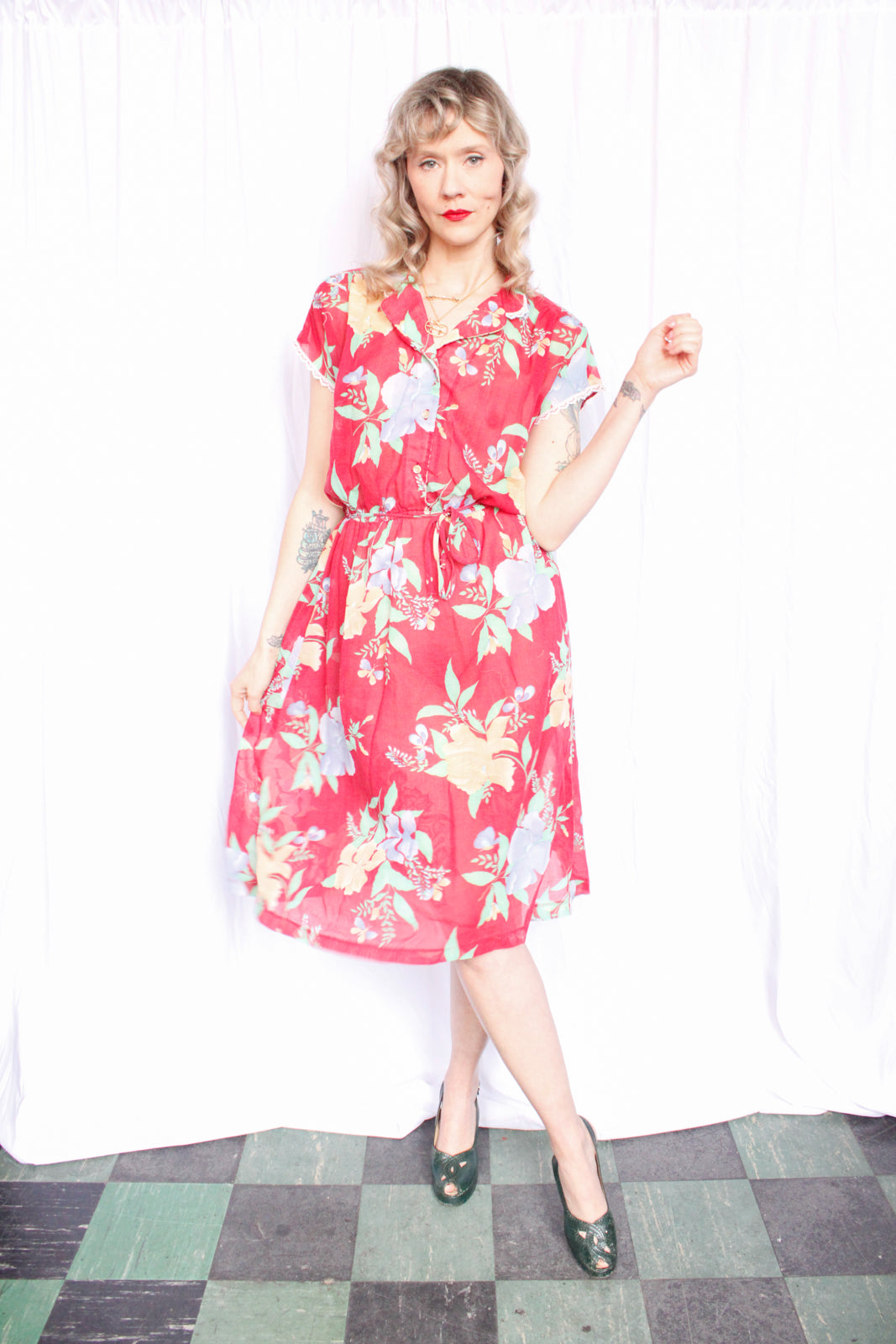 1980s Red Floral Dress - Medium 