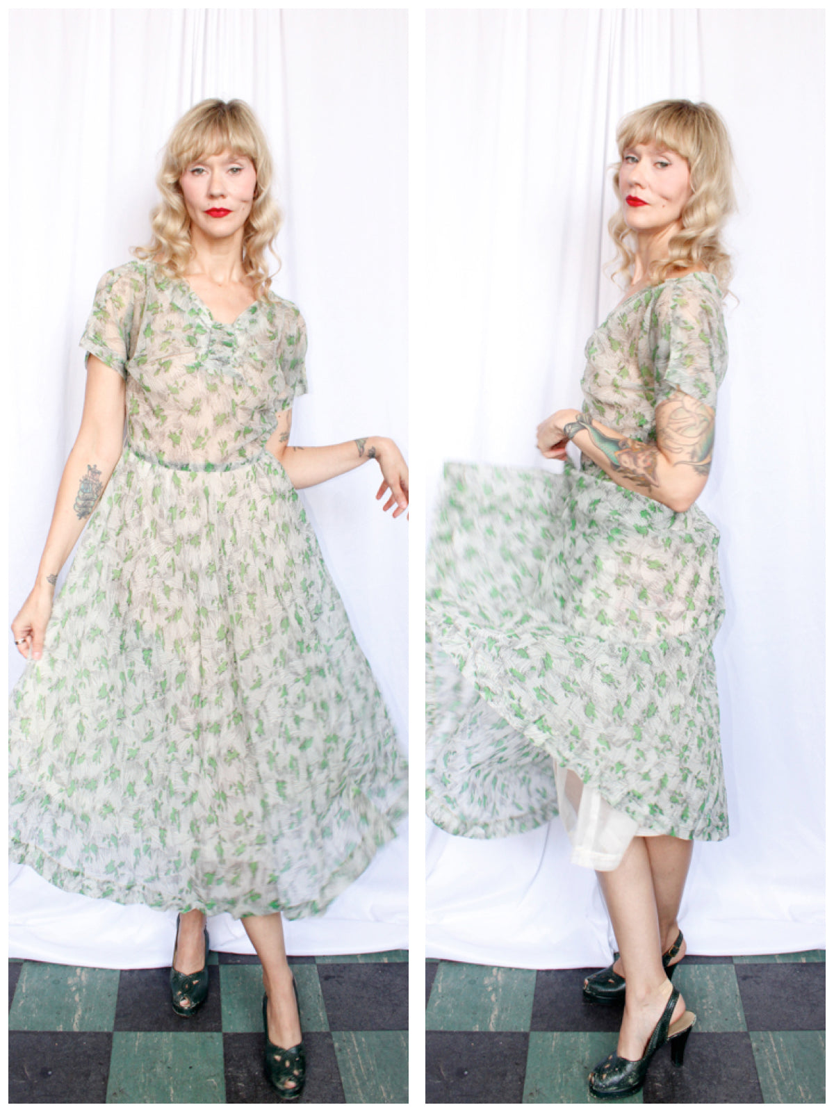 1950s Cirilo Green Floral Dress - Medium