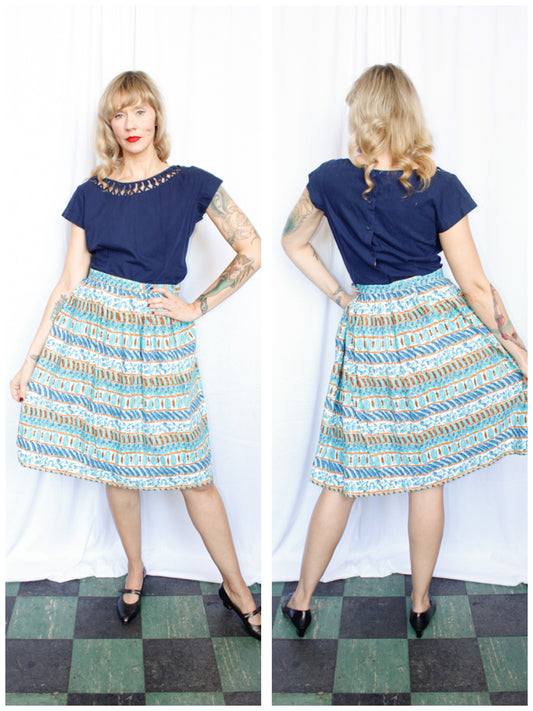 1950s Bold Print Cotton Skirt - Large