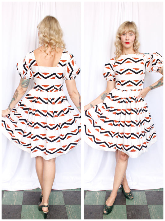 1950s Geometric Cotton Puff Sleeve Dress - Xs/S