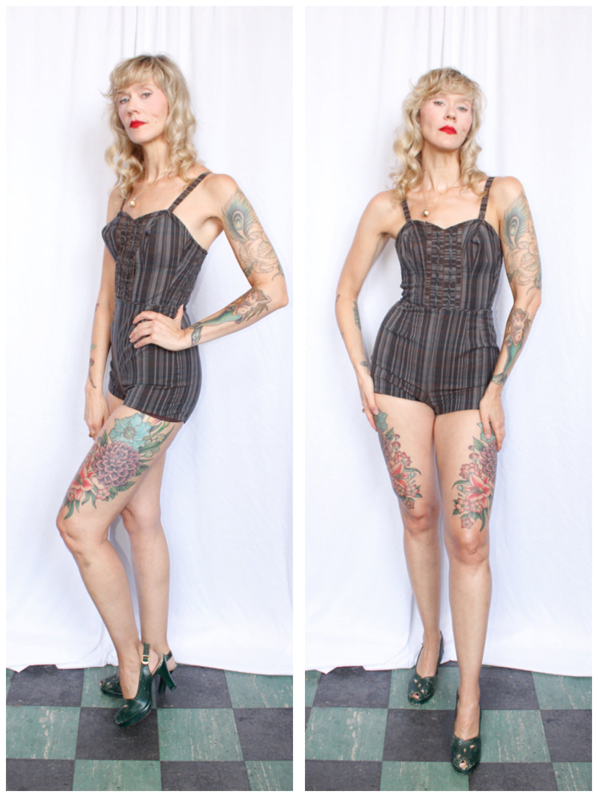 1950s Gray Striped Cotton Playsuit/Swimsuit - Xsmall