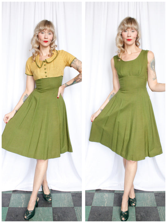 1950s Lampl Linen Green Dress with Bolero - Small