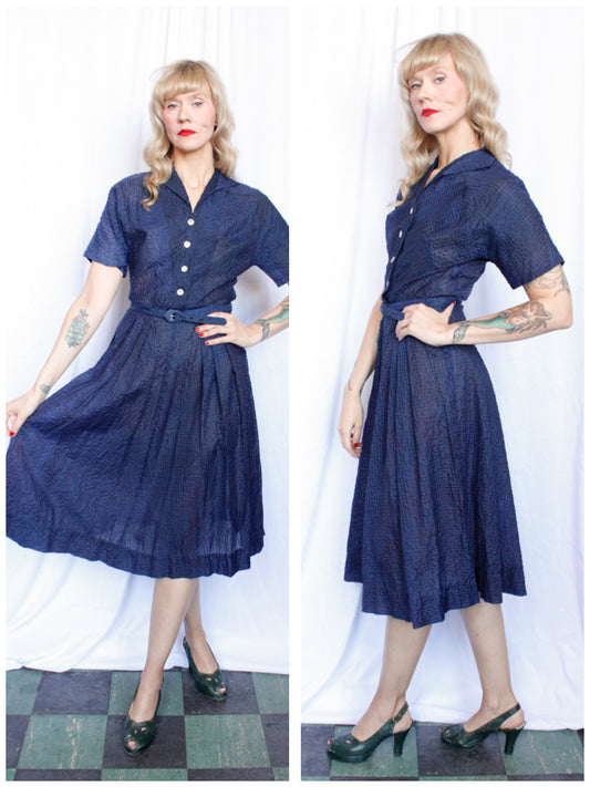 1950s Navy Puckered Nylon Shirt Waist Dress - Small