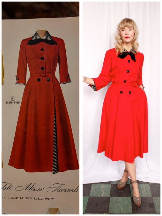 1951 Gabardine Red Dress with Black & Silver Stripe - Medium