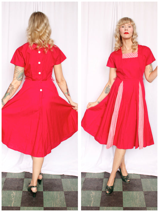 1950s Magenta Pink Peekaboo Gingham Dress - Small