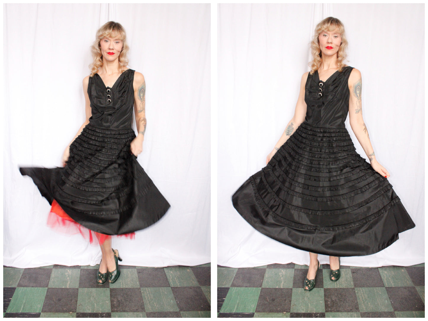 1950s Black Ruffle Tiered Taffeta Party Dress - Medium