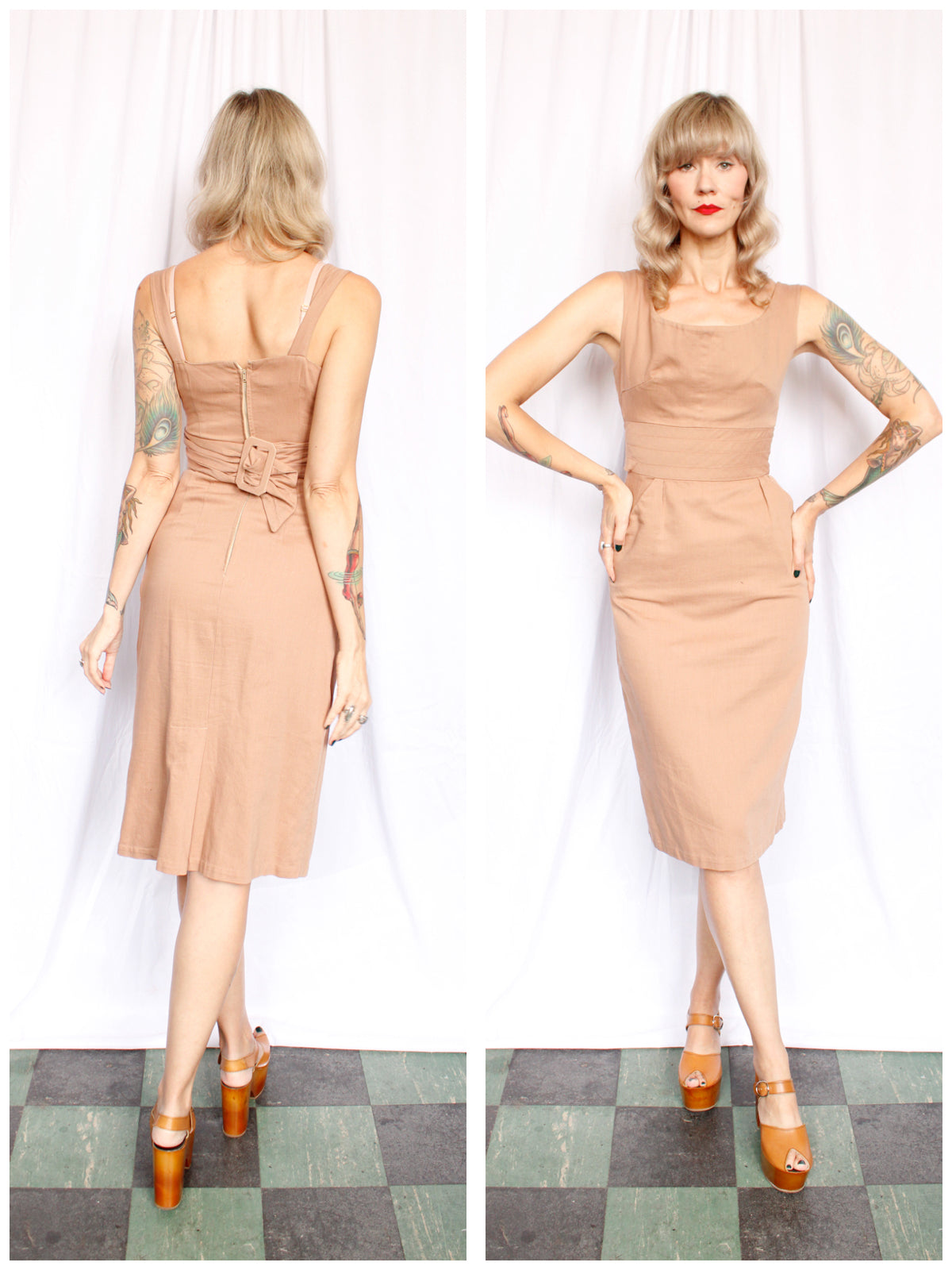 1950s Cafe Latte Sheath Dress - Small 