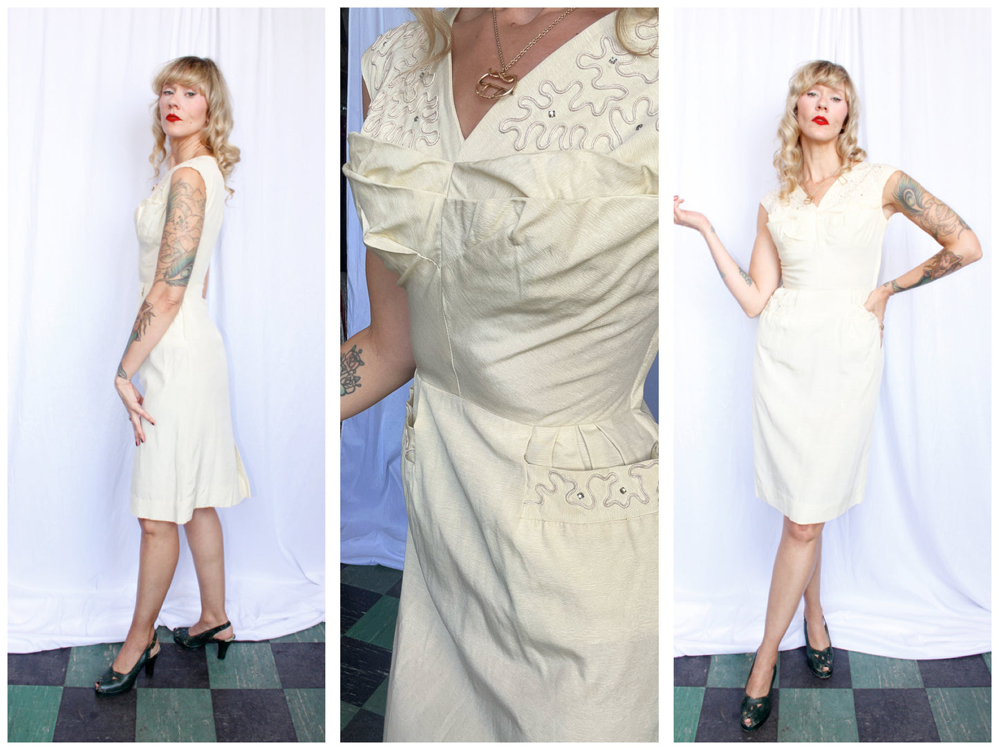 1950s Petite Ivory Silk Cocktail Dress - Small