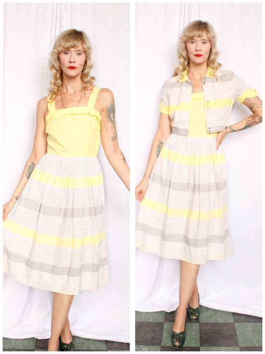 1950s Cotton Yellow Stripe Dress & Bolero - Small