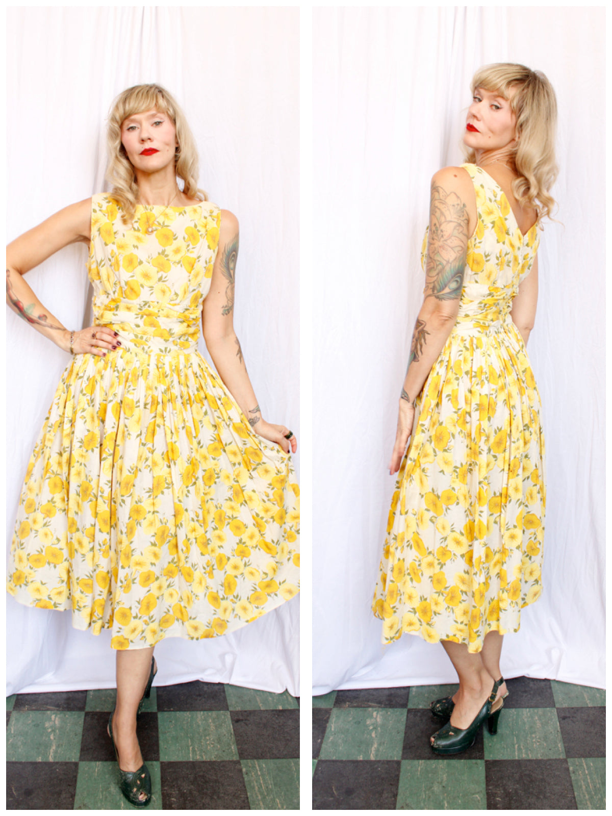 1950s Yellow Floral Cotton Dress - M/L