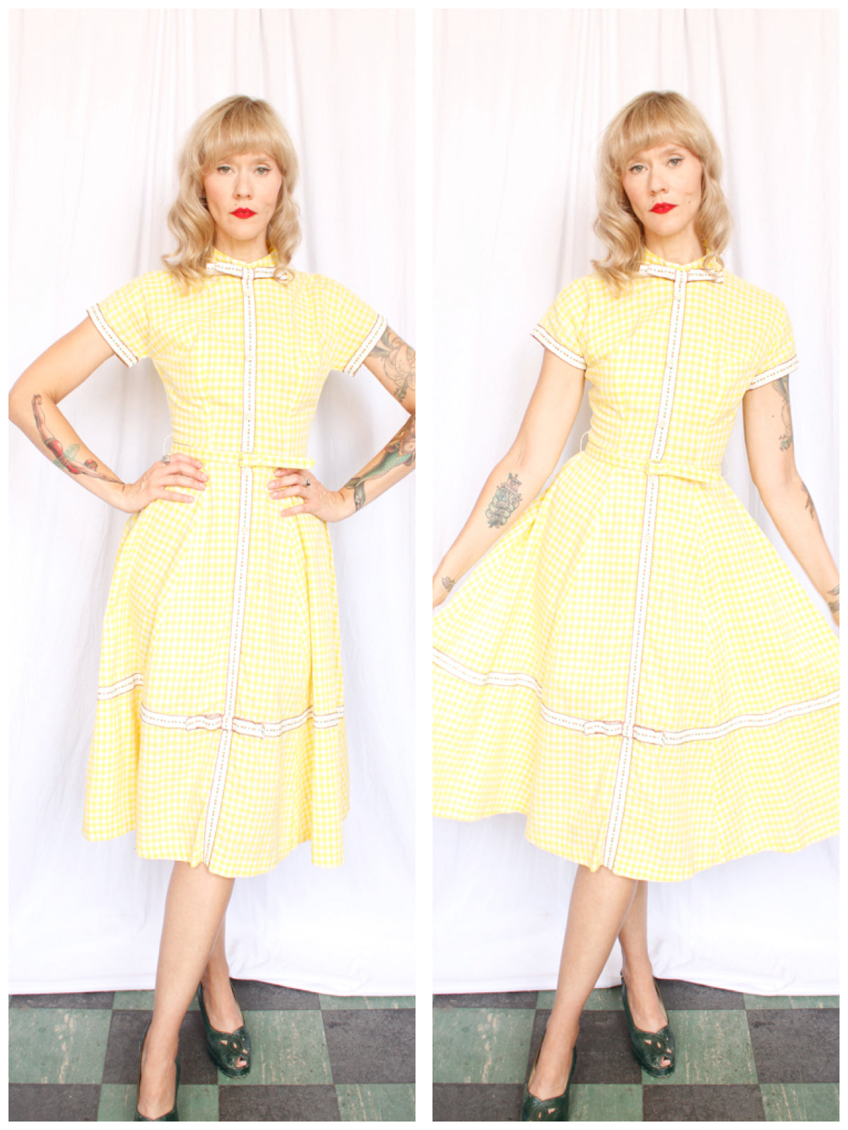 1950s Yellow Gingham Cotton Day Dress - Small