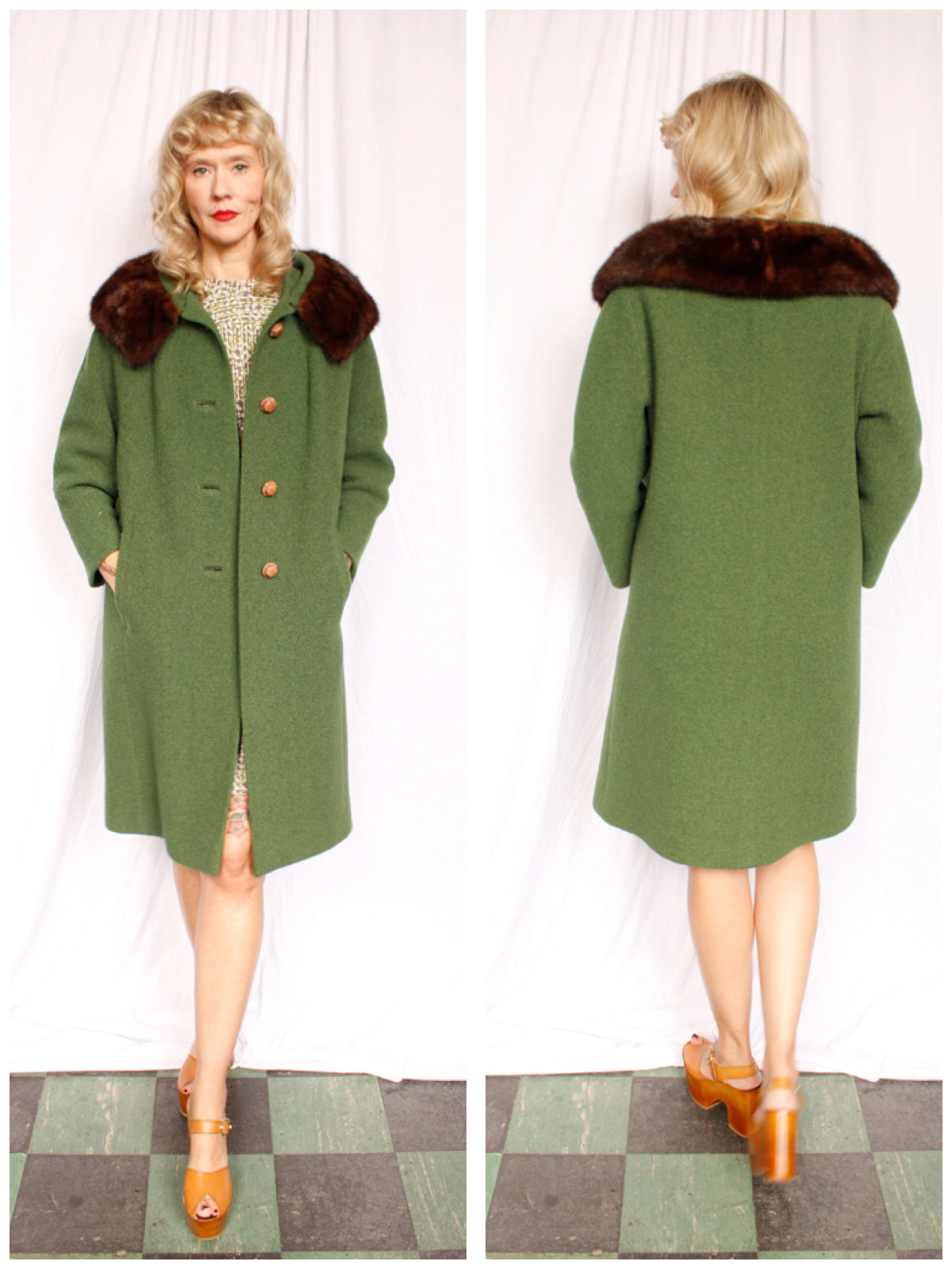 1960s Green Boucle Wool Coat - Medium