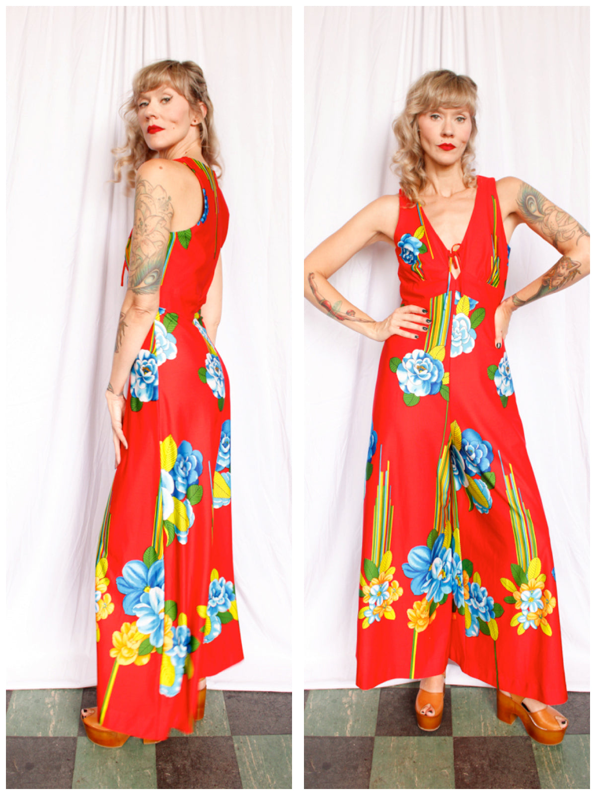 1970s Floral Tori Richards Red Jumpsuit - Medium