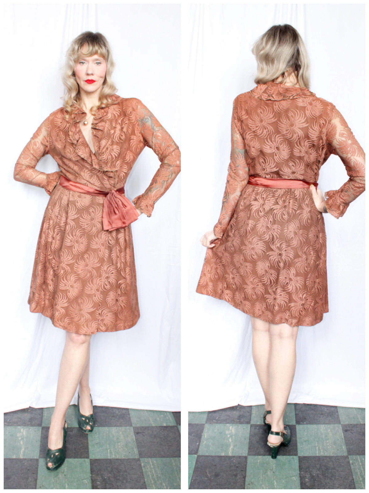 1960s Rose Brown Floral Lace Party Dress - Medium