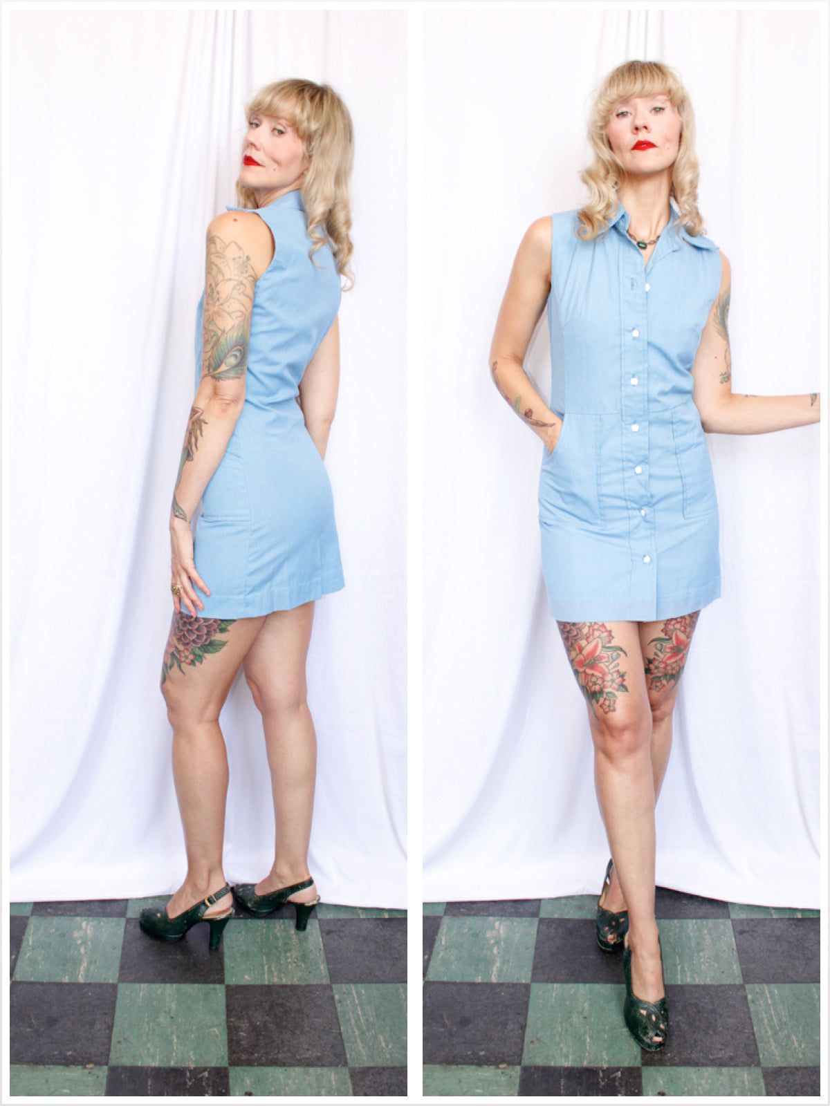 1960s Sky Blue Mini Dress with Apple Buttons - Small