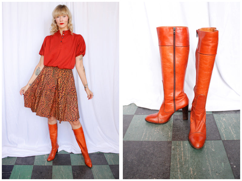 1970s Orange Leather Tall Leather YSL Boots - 8.5M