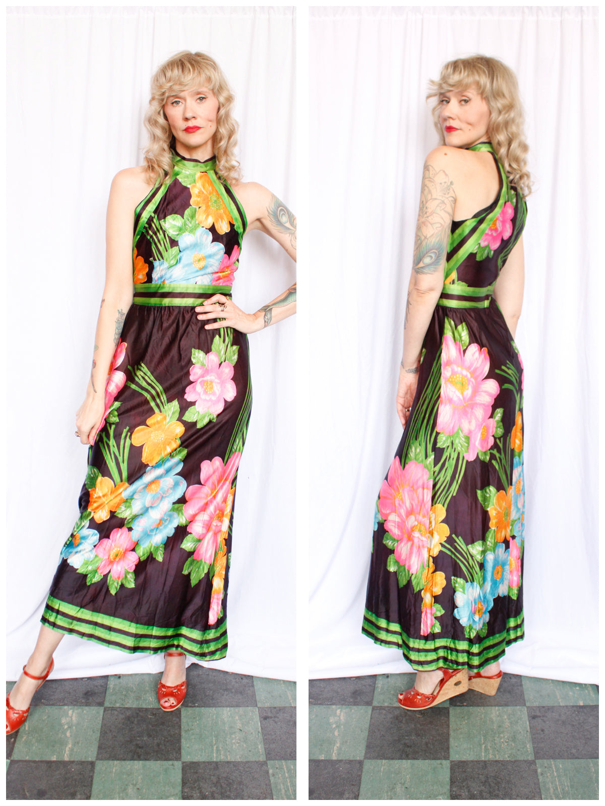 1960s Toni Todd Floral Jersey Maxi Dress - Small
