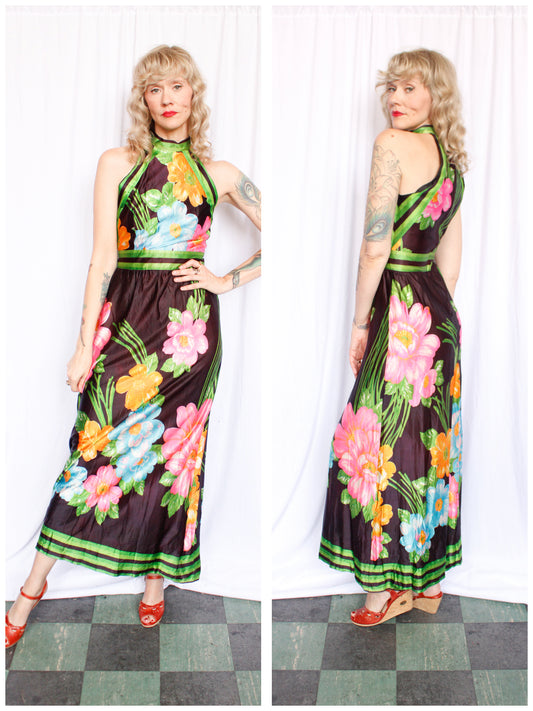 1960s Toni Todd Floral Jersey Maxi Dress - Small