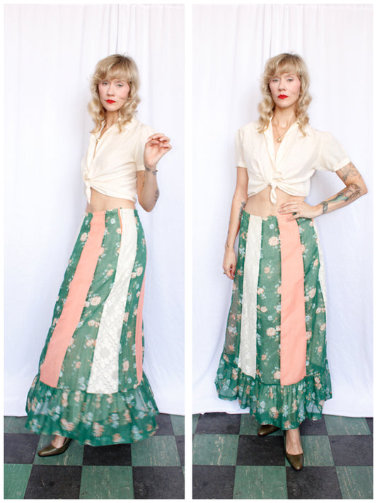 1970s Floral and Lace Maxi Prairie Skirt - M/L