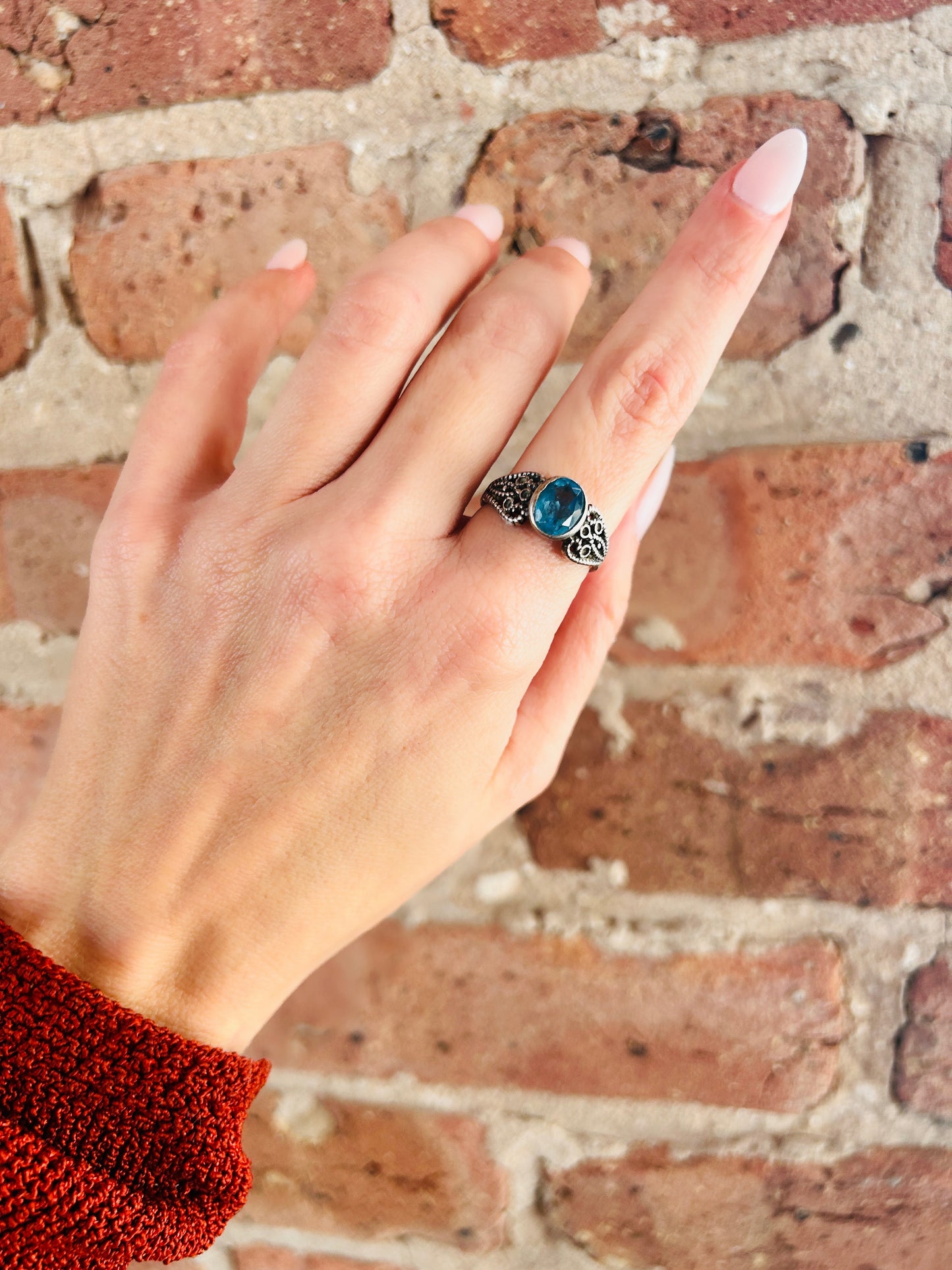 1990s Filigree Blue Stone Sterling Silver Ring - 9