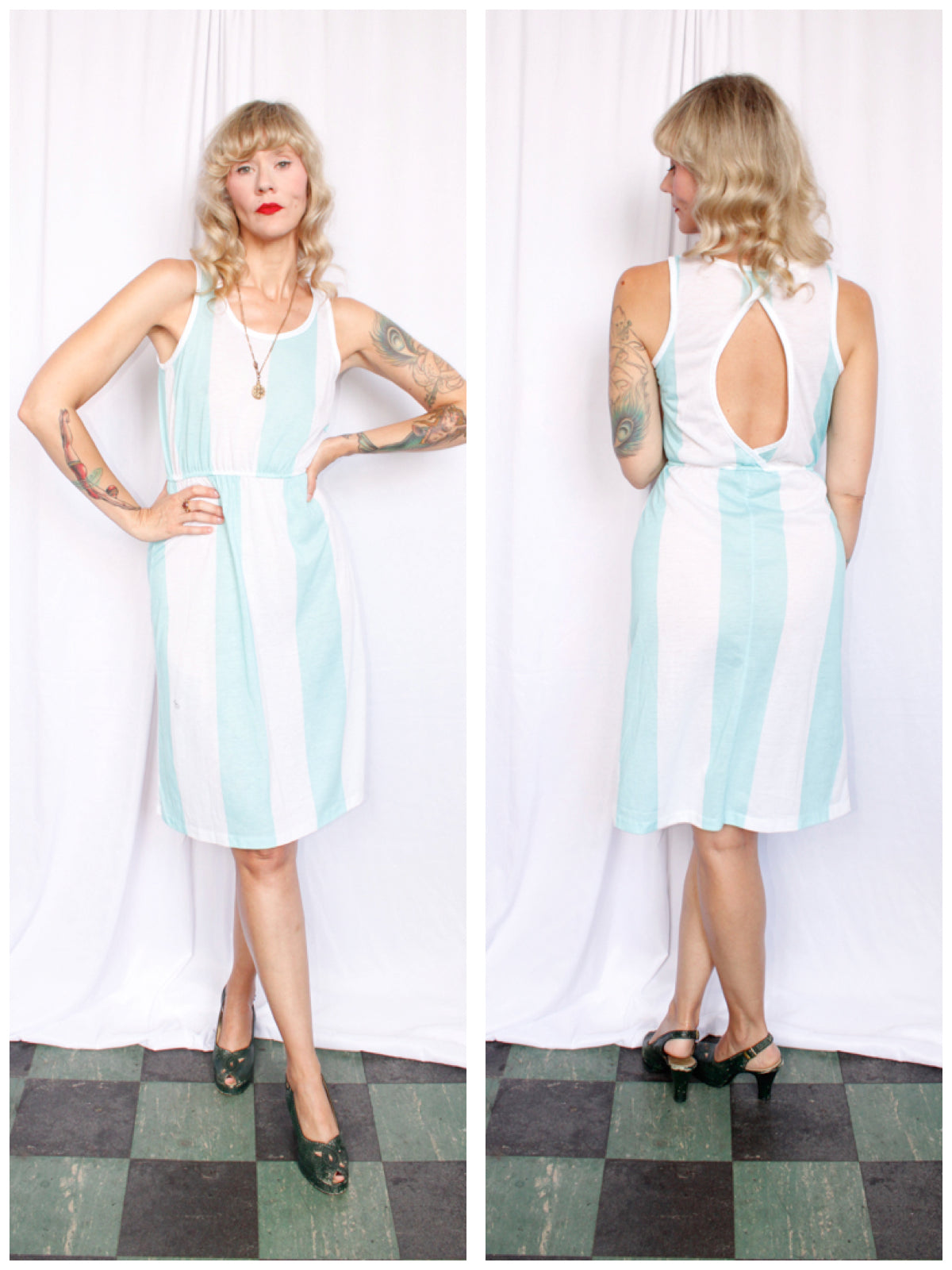 1980s Aqua & White Stripe Summer Dress - S/M