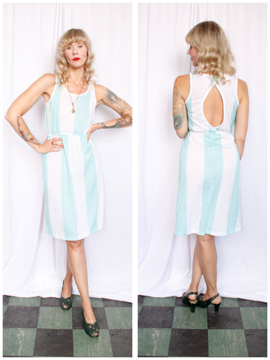 1980s Aqua & White Stripe Summer Dress - S/M