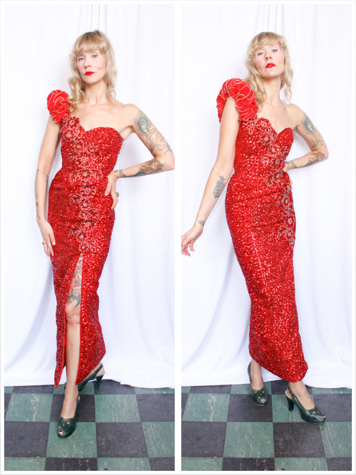 1980s Red Sequined One Shoulder Showgirl Gown - Xsmall