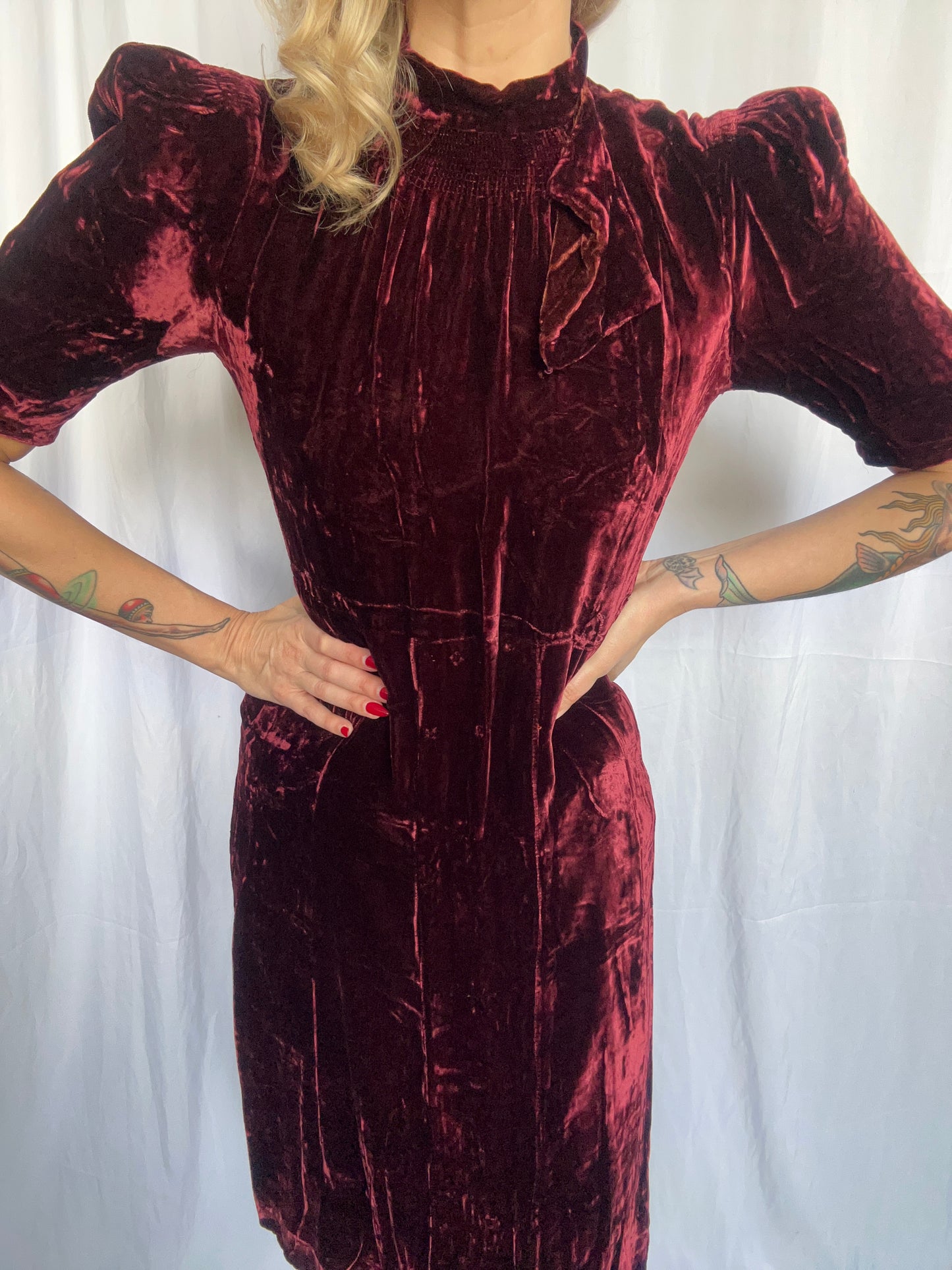 1930s Burgundy Silk Velvet Dress - Petite Medium