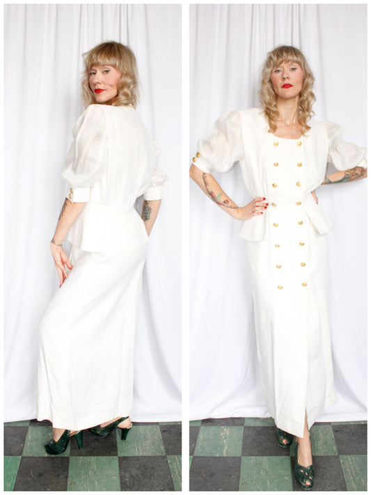 1990s Escada White Linen Puff Sleeve Dress - Large