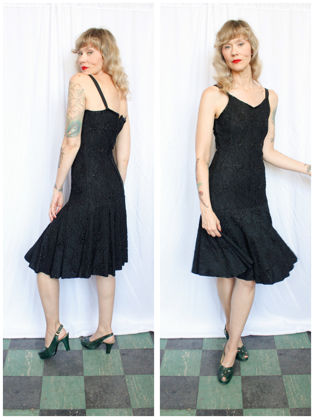 1990s Beaded Lace Black Cocktail Dress - Small