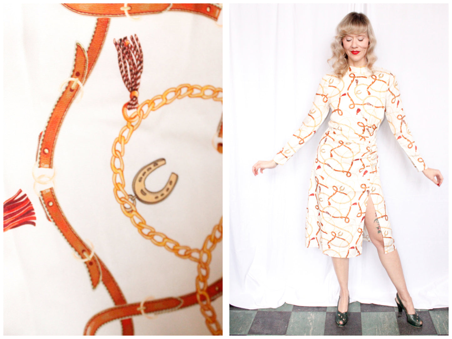1990s Horseshoe Chain Print High Slit Dress - Small