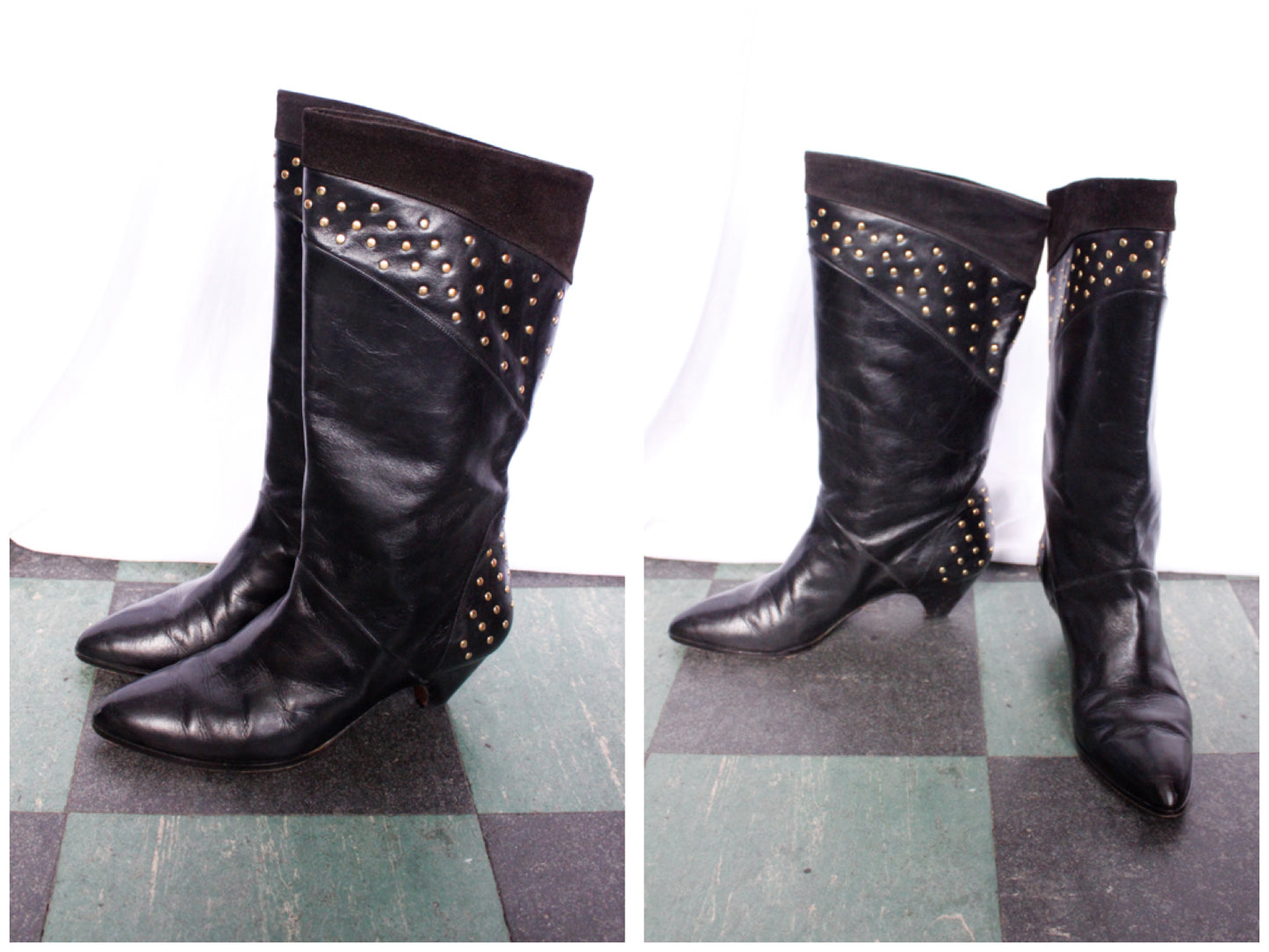 1990s Studded Black Leather Boots - 8.5B