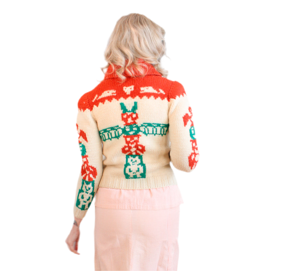 Late 1950s Cowichan Totem Pole Curling Sweater - Xsmall